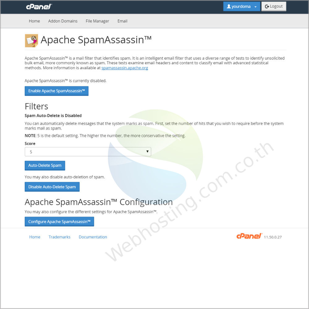 web hosting thai cpanel screen - ระบบจัดการเว็บโฮสติ้งด้วย Cpanel-Apache spamassassin หน้าจอสำหรับสร้างและจัดการกรองอีเมล