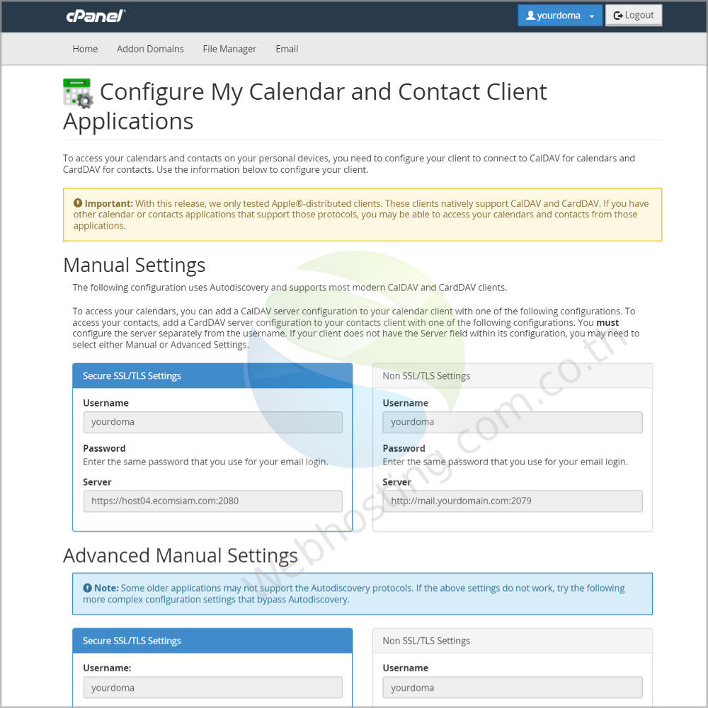 Cpanel web hosting แนะนำหน้าจอ cpanel screen - ระบบจัดการเว็บโฮสติ้งด้วย Cpanel Cpanel- calendars and contacts/ configuration หน้าจอสร้างและจัดการการ ปฏิทินและรายชื่อในการกำหนดค่าและการใช้งาน