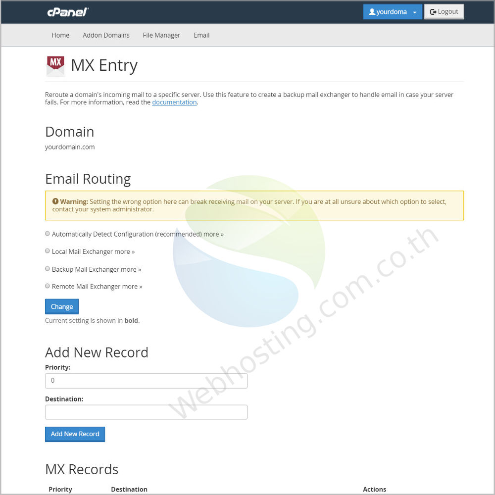 Cpanel web hosting แนะนำหน้าจอ cpanel screen - ระบบจัดการเว็บโฮสติ้งด้วย Cpanel - mx entry -หน้าจอสร้างและจัดการการกำหนดอีเมล์ขาเข้า ที่ใช้อยู่นั้นไปยังเซิฟท์เวอร์ที่กำหนด เช่น ในกรณีที่คุณไม่ต้องการใช้งานอีเมล์ที่มีอยู่ใน Web Hosting แต่ต้องการใช้บริการอีเมล์ที่อื่น เช่น google App 